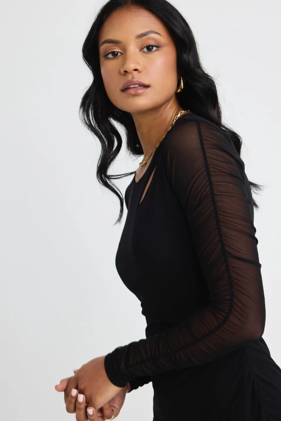 Among the Brave Between Black Mesh LS Slash Neck Maxi Dress