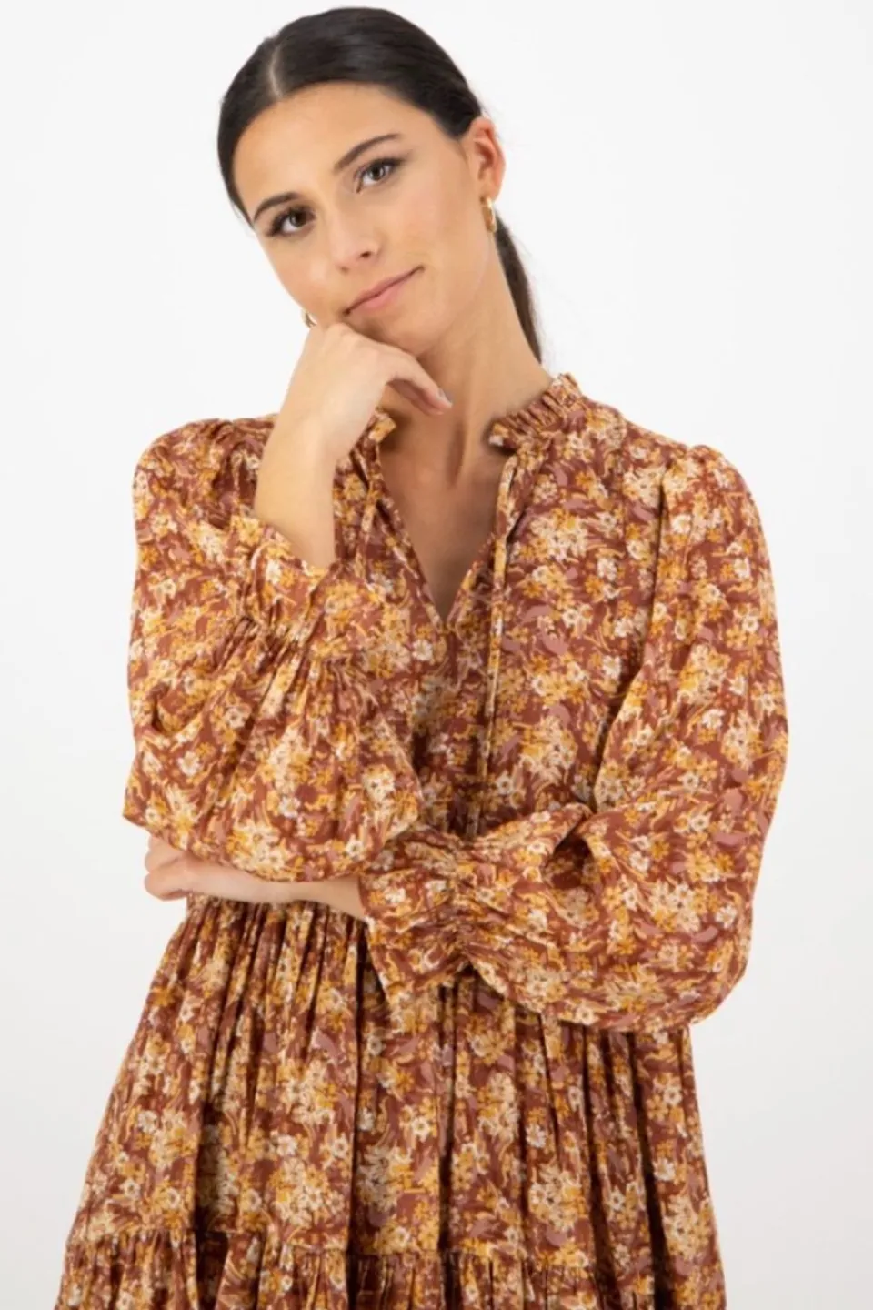 Ivy + Jack Billie Rust Floral LS Frill V Neck Tiered Mini Dress