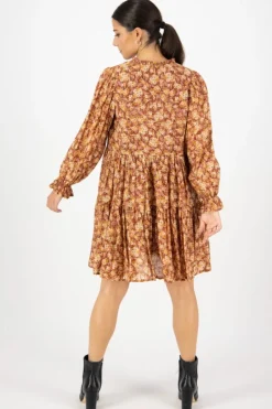 Ivy + Jack Billie Rust Floral LS Frill V Neck Tiered Mini Dress