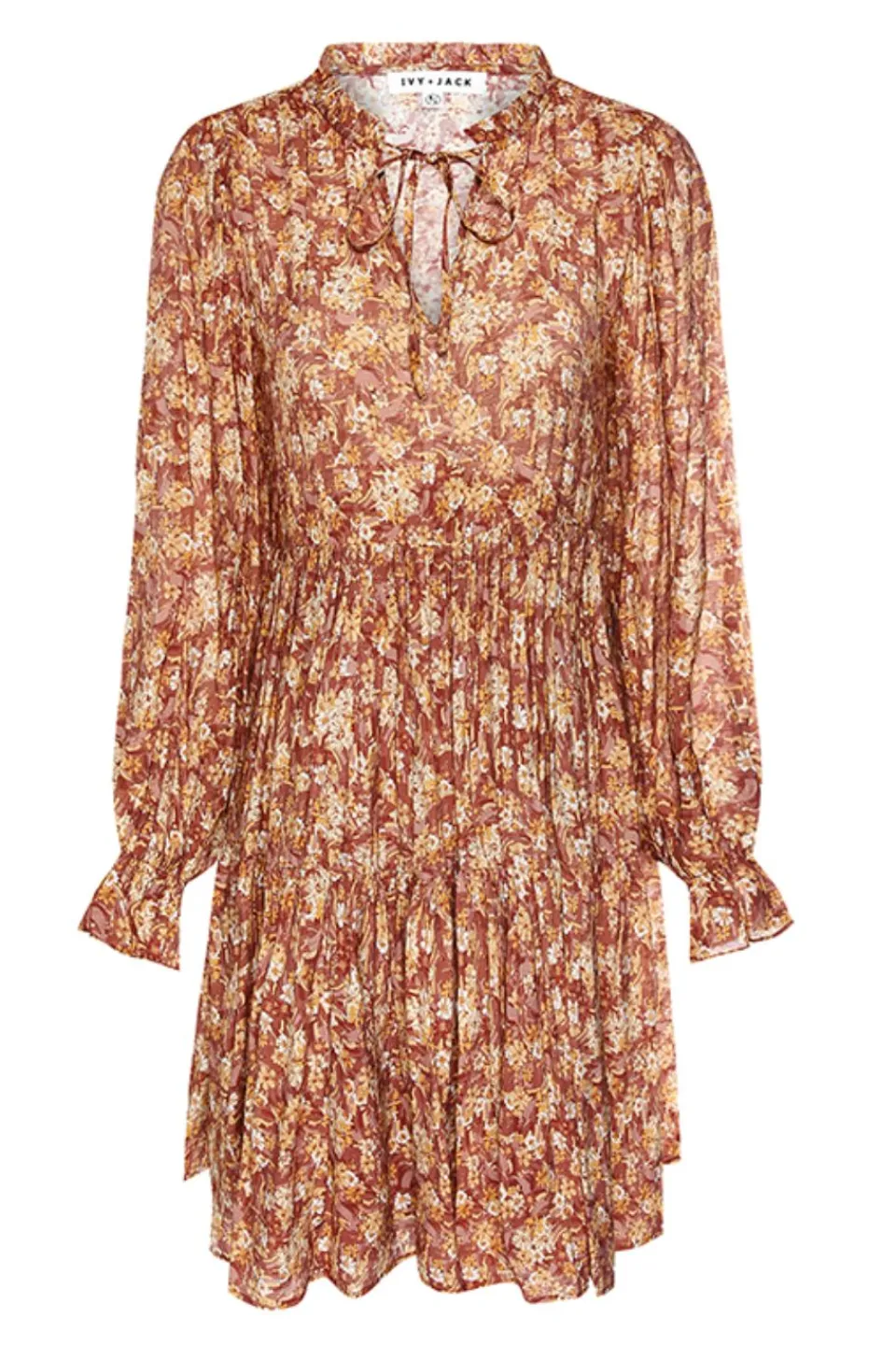 Ivy + Jack Billie Rust Floral LS Frill V Neck Tiered Mini Dress