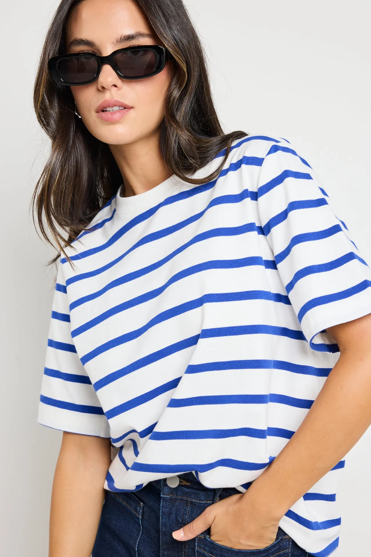 RE:UNION Label Binding Blue White Stripe Boxy Fit Tee