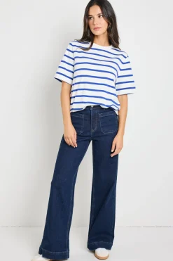 RE:UNION Label Binding Blue White Stripe Boxy Fit Tee