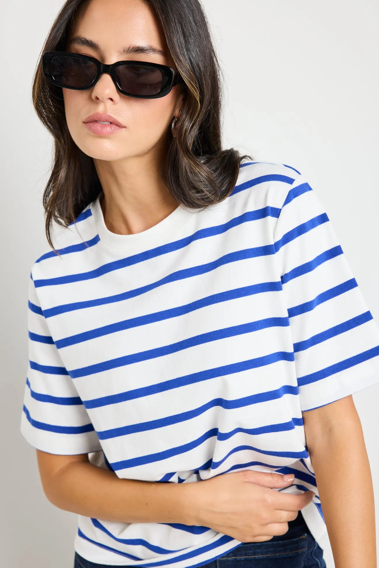 RE:UNION Label Binding Blue White Stripe Boxy Fit Tee