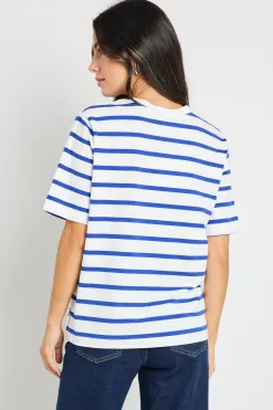RE:UNION Label Binding Blue White Stripe Boxy Fit Tee