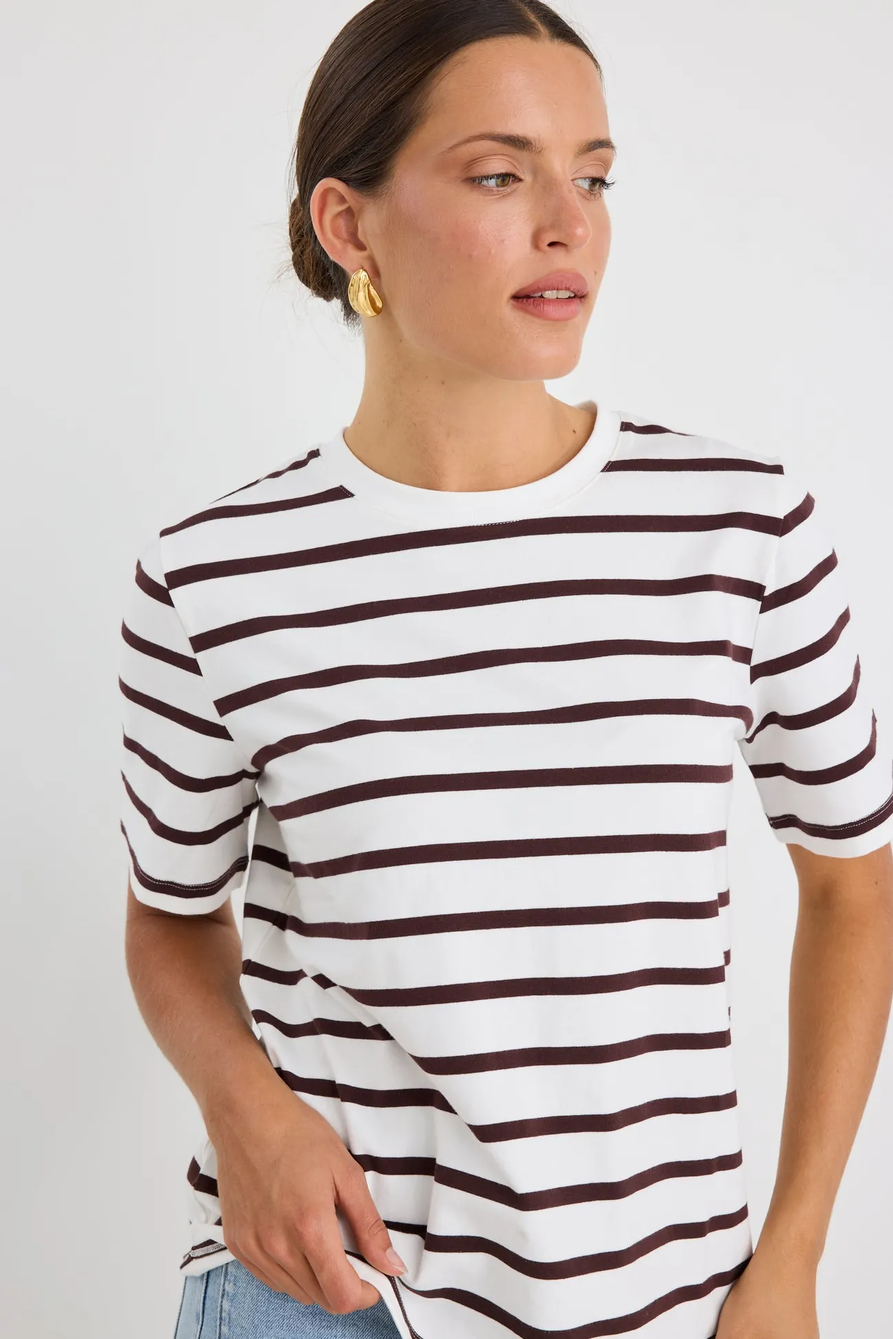 RE:UNION Label Binding Chocolate White Stripe Boxy Fit Tee