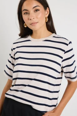RE:UNION Label Binding Ecru Navy Stripe Boxy Fit Tee