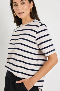 RE:UNION Label Binding Ecru Navy Stripe Boxy Fit Tee