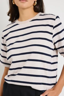 RE:UNION Label Binding Ecru Navy Stripe Boxy Fit Tee