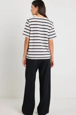 RE:UNION Label Binding Ecru Navy Stripe Boxy Fit Tee