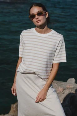 RE:UNION Label Binding White Natural Stripe Boxy Fit Tee