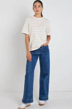RE:UNION Label Binding White Natural Stripe Boxy Fit Tee