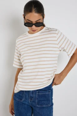 RE:UNION Label Binding White Natural Stripe Boxy Fit Tee