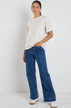 RE:UNION Label Binding White Natural Stripe Boxy Fit Tee