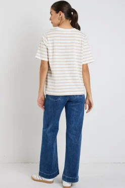 RE:UNION Label Binding White Natural Stripe Boxy Fit Tee