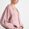 RE:UNION Label Birch Pink Clay Linen Pintuck Shoulder Tie Neck Top