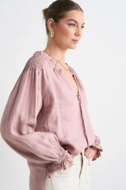 RE:UNION Label Birch Pink Clay Linen Pintuck Shoulder Tie Neck Top
