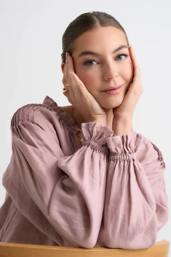 RE:UNION Label Birch Pink Clay Linen Pintuck Shoulder Tie Neck Top