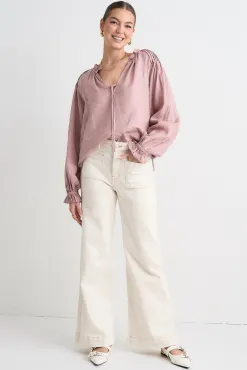 RE:UNION Label Birch Pink Clay Linen Pintuck Shoulder Tie Neck Top