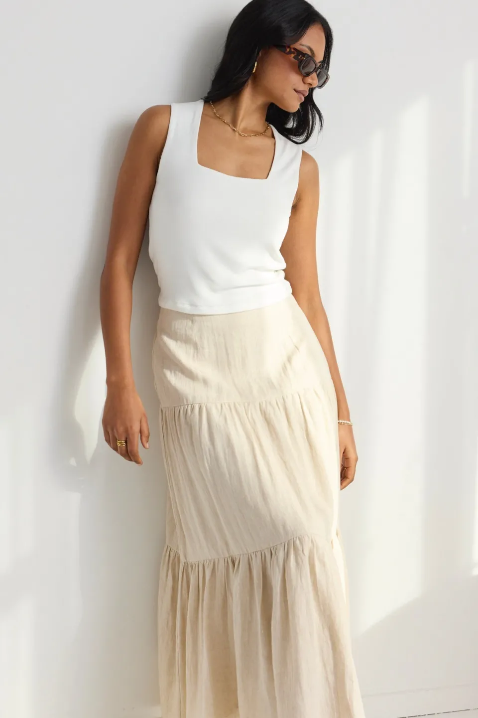 Among the Brave Blazing Sand Tiered Linen Midi Skirt