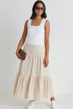 Among the Brave Blazing Sand Tiered Linen Midi Skirt