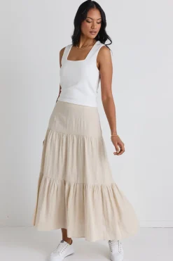 Among the Brave Blazing Sand Tiered Linen Midi Skirt