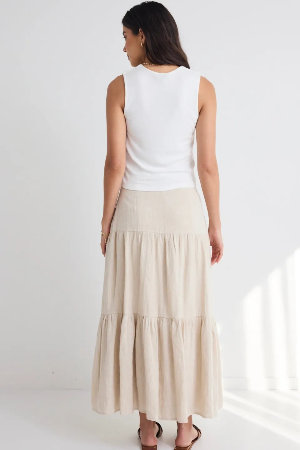 Among the Brave Blazing Sand Tiered Linen Midi Skirt