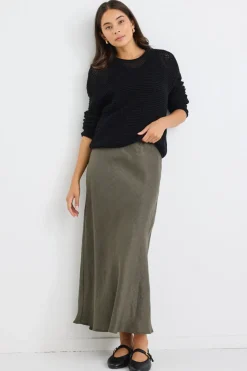 RE:UNION Label Bliss Khaki Linen Bias Midi Skirt