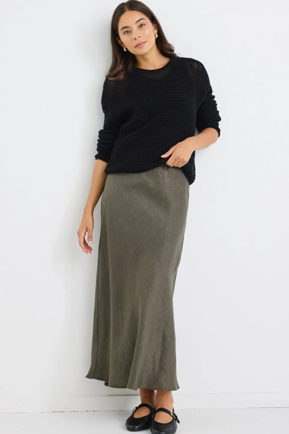 RE:UNION Label Bliss Khaki Linen Bias Midi Skirt