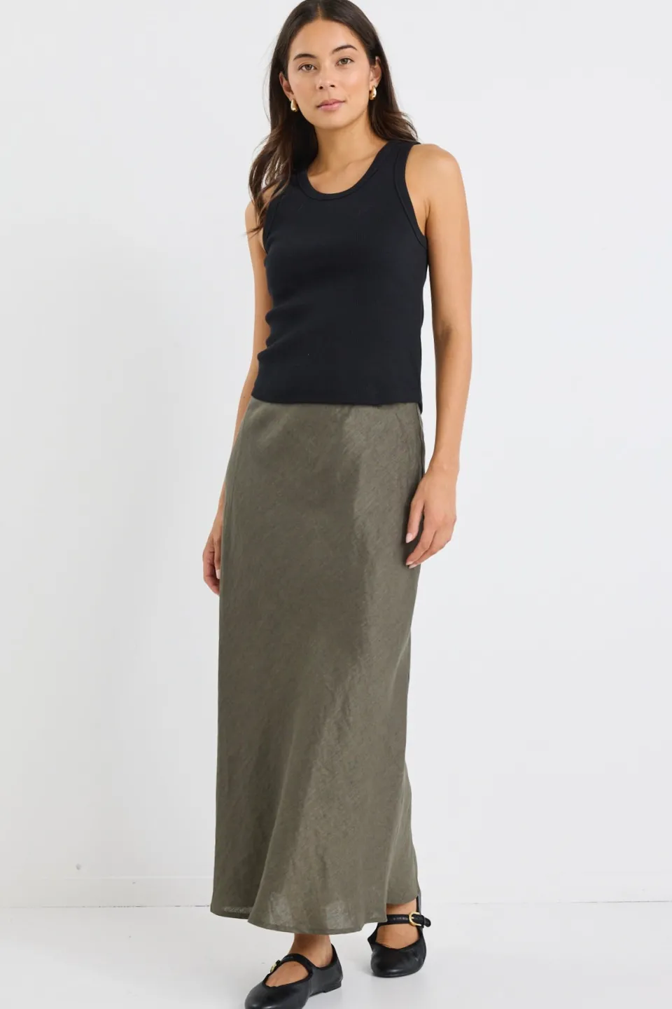 RE:UNION Label Bliss Khaki Linen Bias Midi Skirt