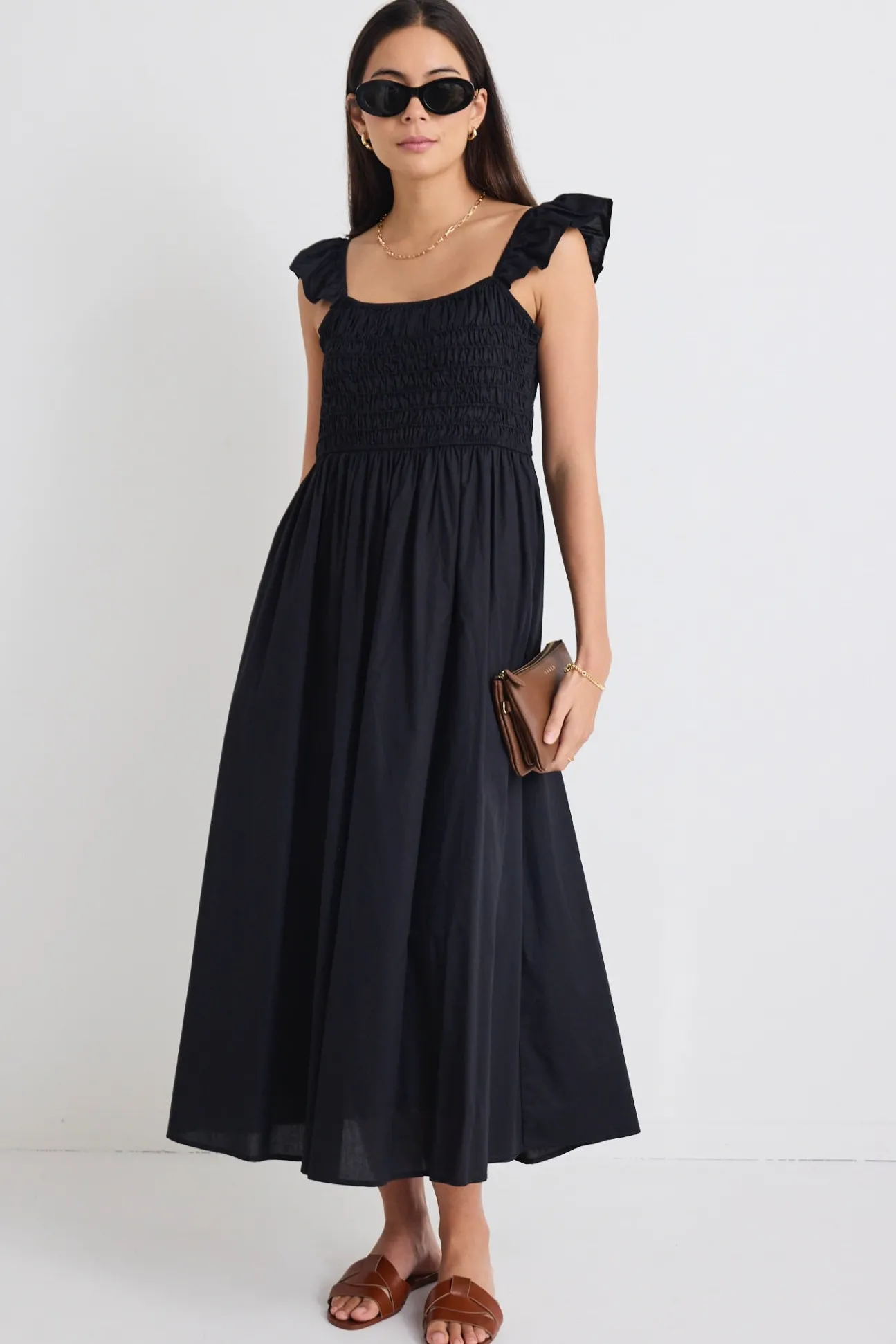 Stories be Told Bonbon Black Flutter Sleeve Midi Dress