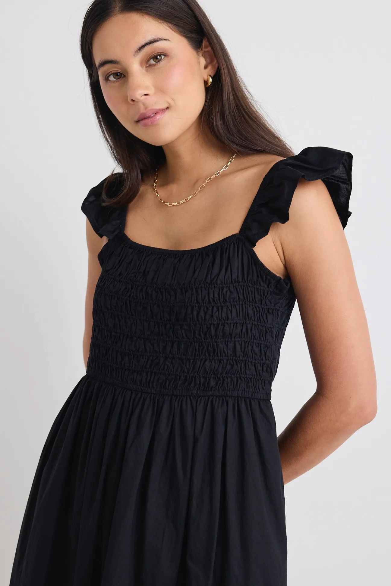 Stories be Told Bonbon Black Flutter Sleeve Midi Dress