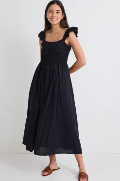 Stories be Told Bonbon Black Flutter Sleeve Midi Dress