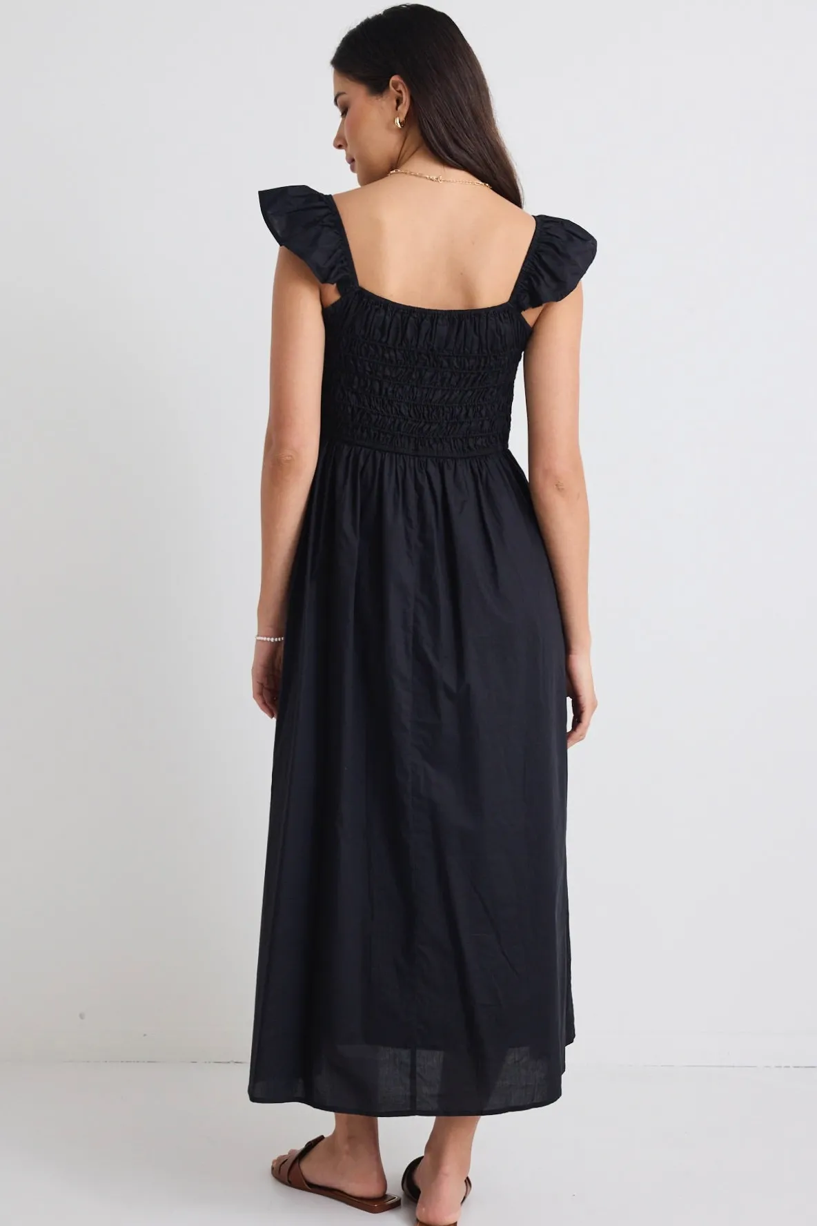 Stories be Told Bonbon Black Flutter Sleeve Midi Dress
