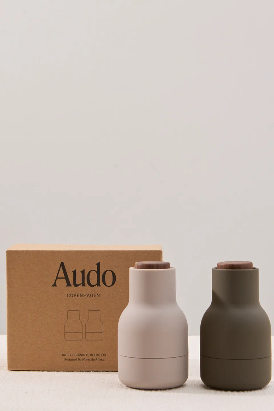 Audo Copenhagen Bottle Grinder Hunting Green Beige with Walnut Lid 11.5cm 2 pack