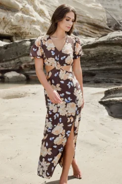 Ivy + Jack Breeze Chocolate Floral Puff SS V Neck Waist Cut Out Maxi Dress