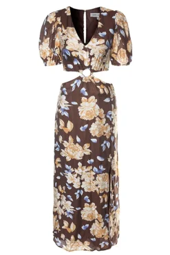 Ivy + Jack Breeze Chocolate Floral Puff SS V Neck Waist Cut Out Maxi Dress