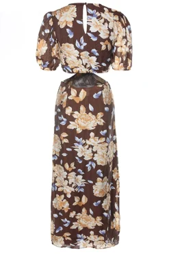 Ivy + Jack Breeze Chocolate Floral Puff SS V Neck Waist Cut Out Maxi Dress