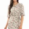 Leila + Luca Brilliance Khaki Smudge Frill Hem Tie Waist LS Mini Dress