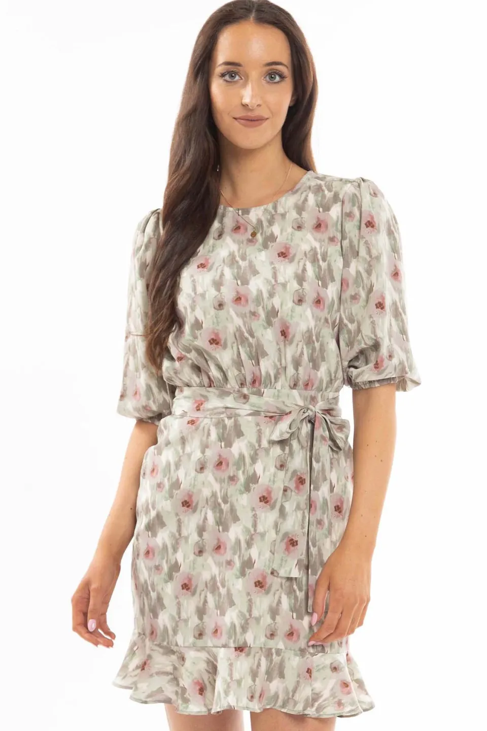 Leila + Luca Brilliance Khaki Smudge Frill Hem Tie Waist LS Mini Dress