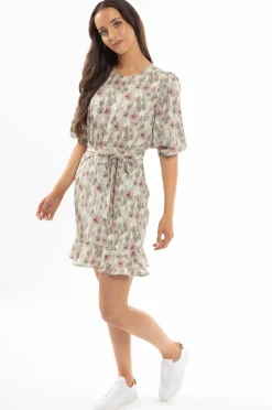 Leila + Luca Brilliance Khaki Smudge Frill Hem Tie Waist LS Mini Dress