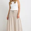 RE:UNION Label Byron Natural Linen Shirred Waist Maxi Skirt