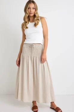 RE:UNION Label Byron Natural Linen Shirred Waist Maxi Skirt