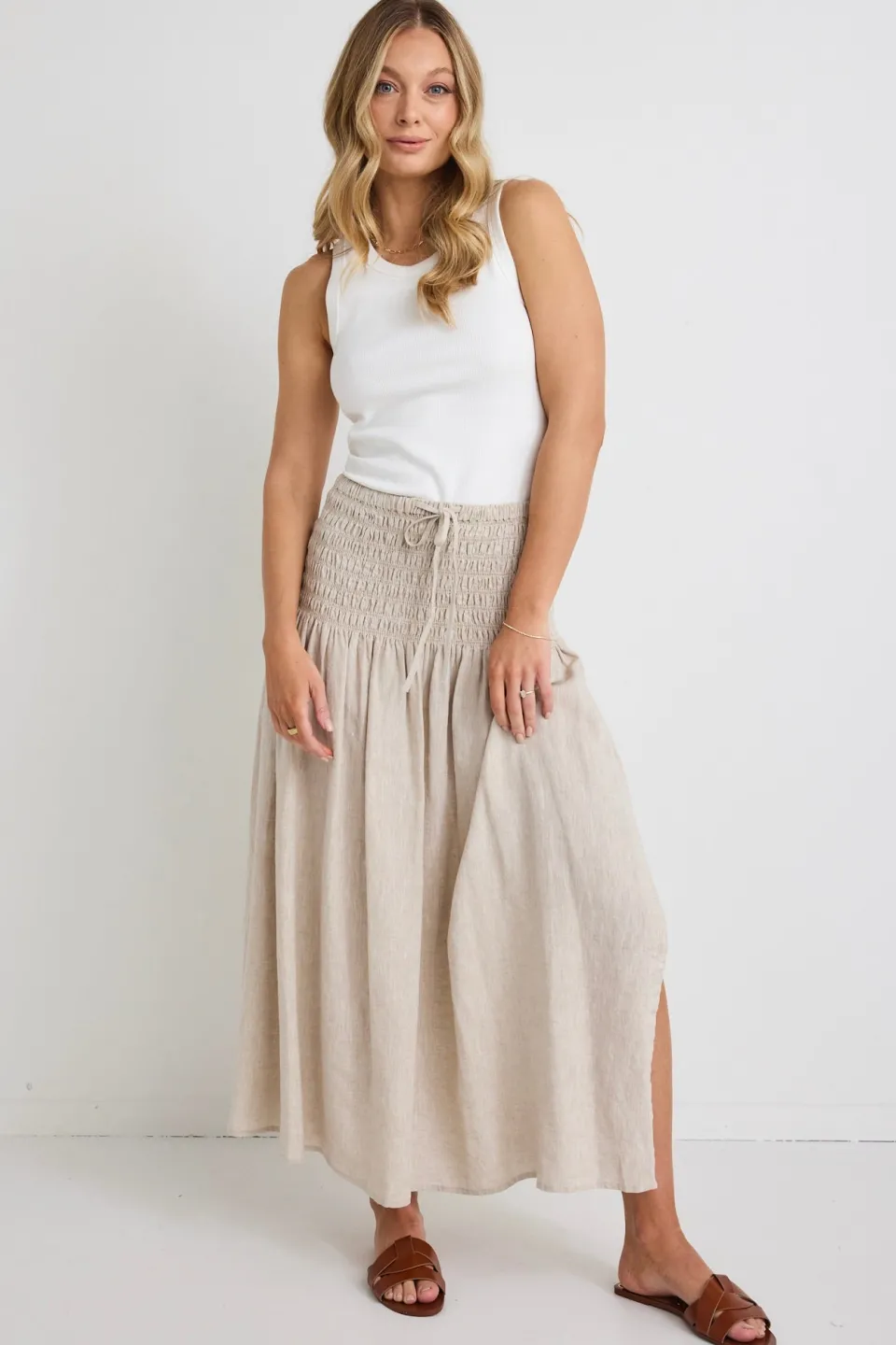 RE:UNION Label Byron Natural Linen Shirred Waist Maxi Skirt