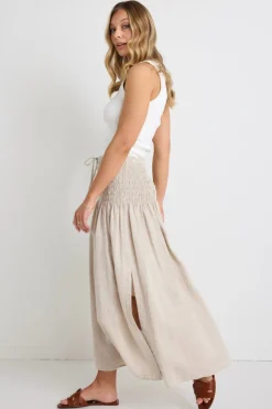 RE:UNION Label Byron Natural Linen Shirred Waist Maxi Skirt