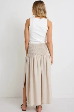 RE:UNION Label Byron Natural Linen Shirred Waist Maxi Skirt