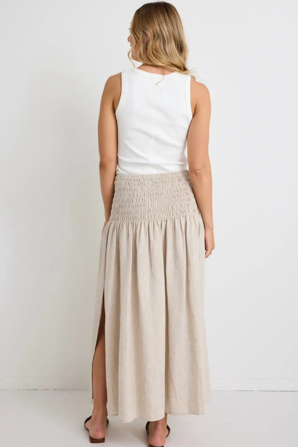 RE:UNION Label Byron Natural Linen Shirred Waist Maxi Skirt
