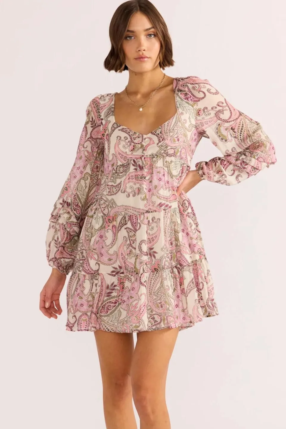 Mink Pink Cadence Pink Paisley Babydoll Mini Dress