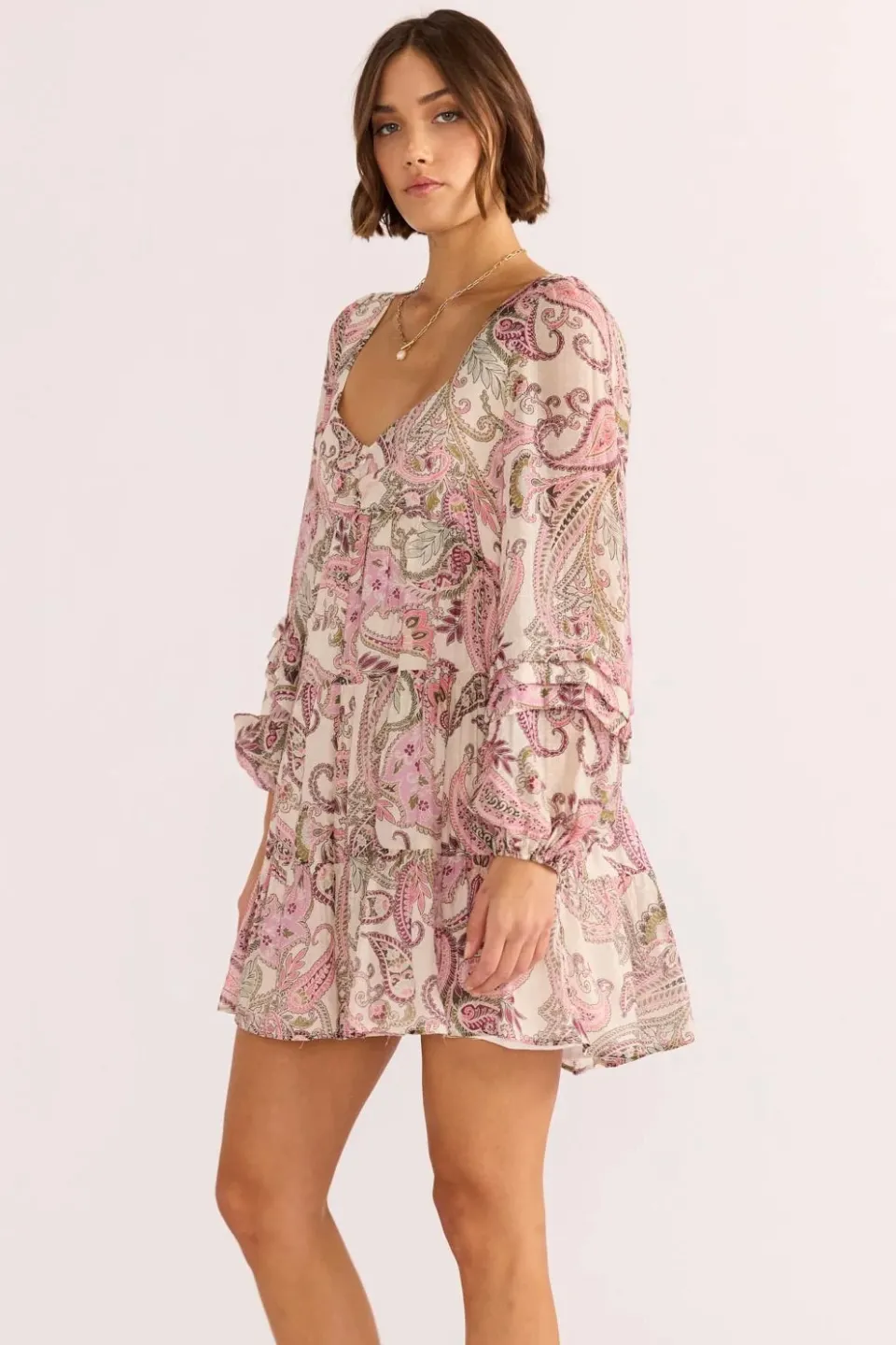 Mink Pink Cadence Pink Paisley Babydoll Mini Dress
