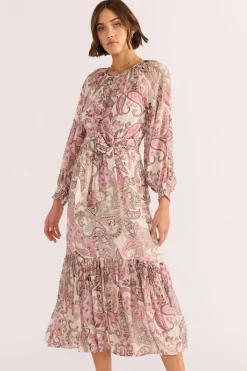 Mink Pink Cadence Pink Paisley Blouson LS Midi Dress