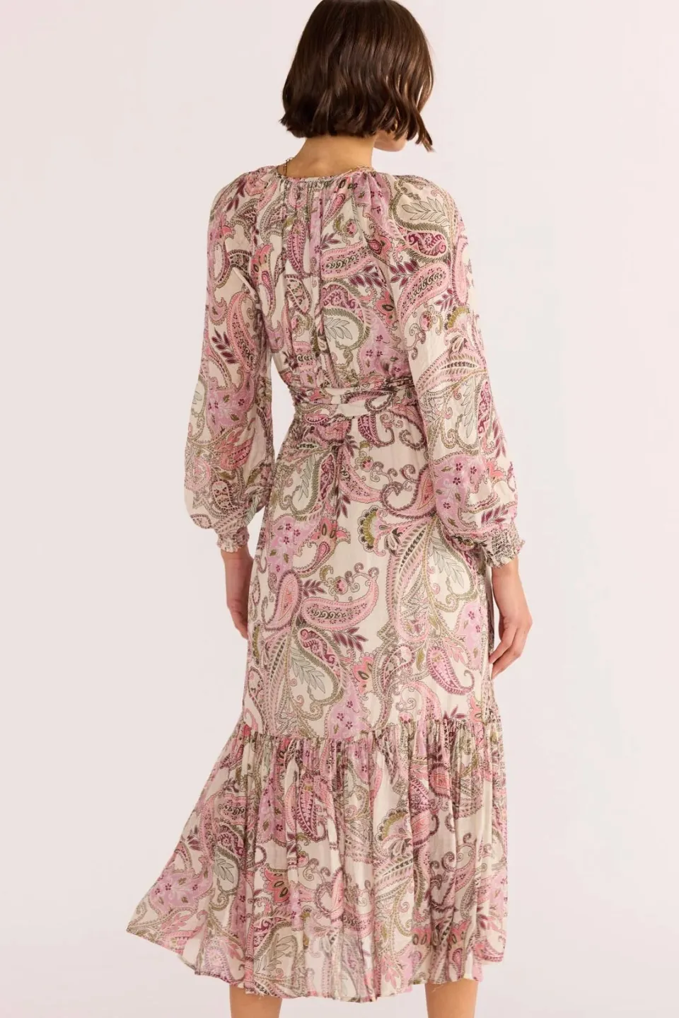 Mink Pink Cadence Pink Paisley Blouson LS Midi Dress